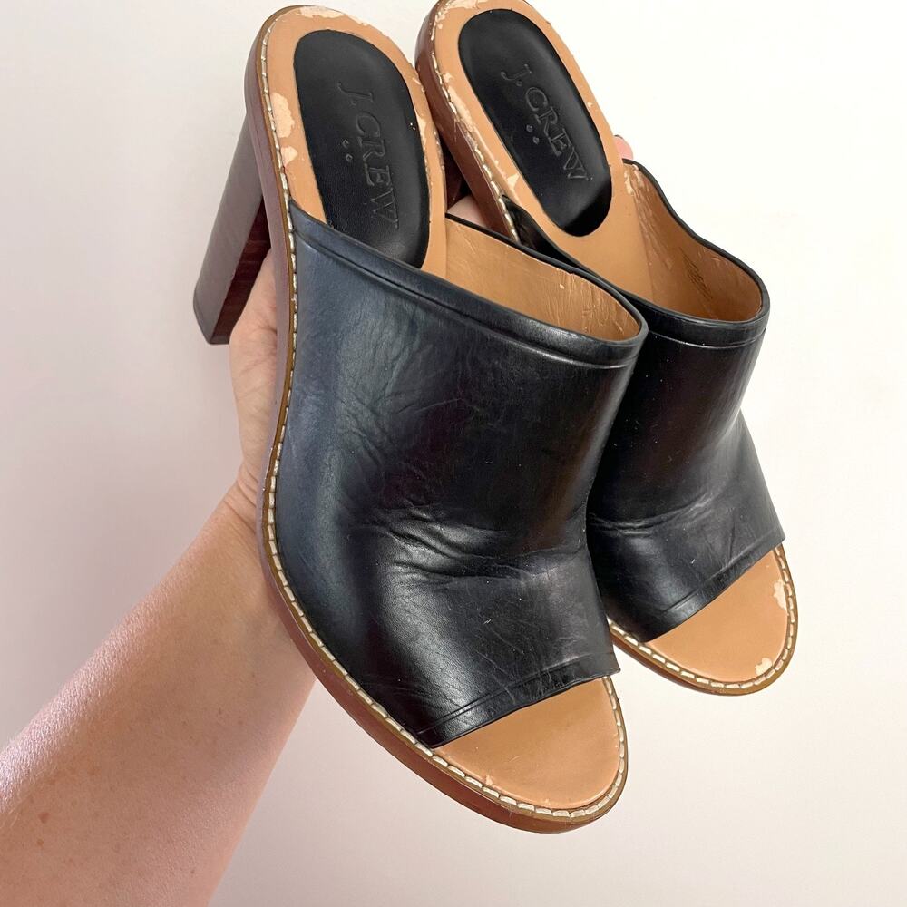 J Crew Marlow Mules Black Leather Preppy Boho Classic Block Heel Sandals 7